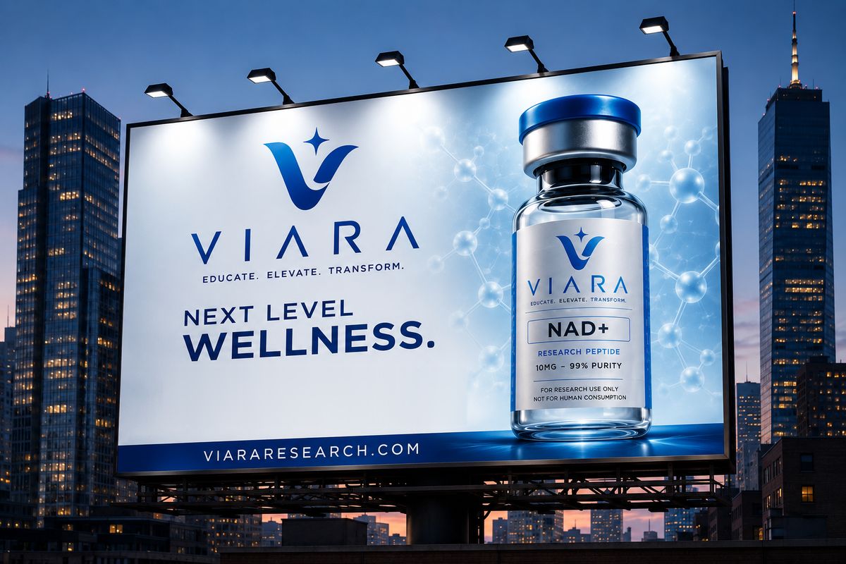Viara Research NAD+ laboratory reference material, 10 mg lyophilised vial, purity at or above 99 percent by HPLC. For research use only. Not for human or veterinary consumption. Supplied to institutions against a stated research use.