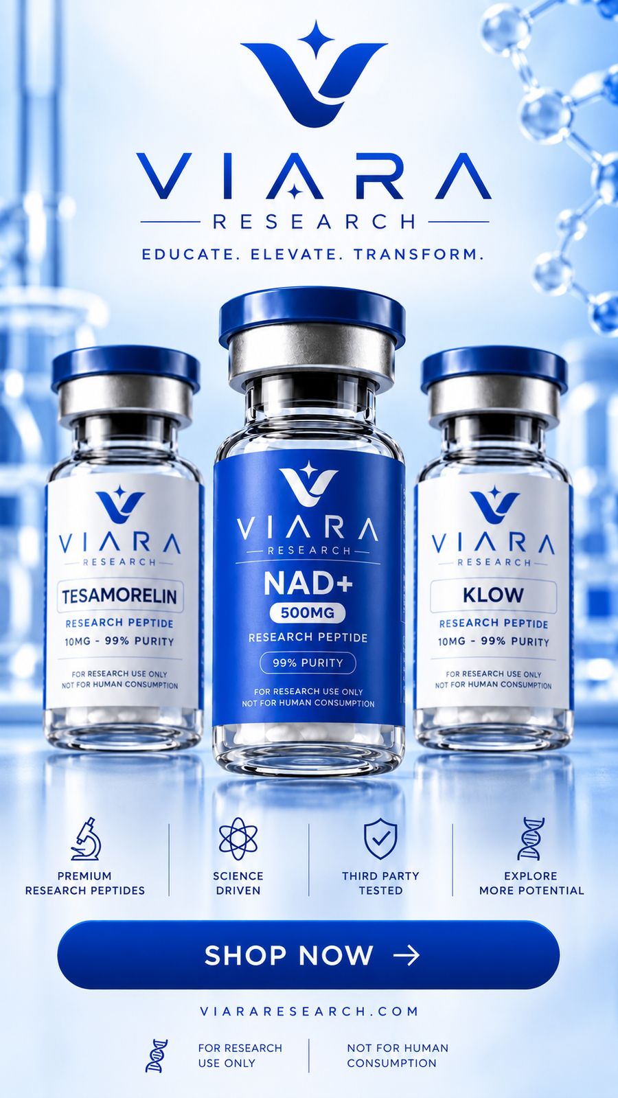 Viara Research laboratory reference material: Tesamorelin 10 mg, NAD+ 500 mg and KLOW 10 mg lyophilised vials, purity at or above 99 percent by HPLC, certificate of analysis per lot. For research use only. Not for human or veterinary consumption. Supplied to institutions against a stated research use.